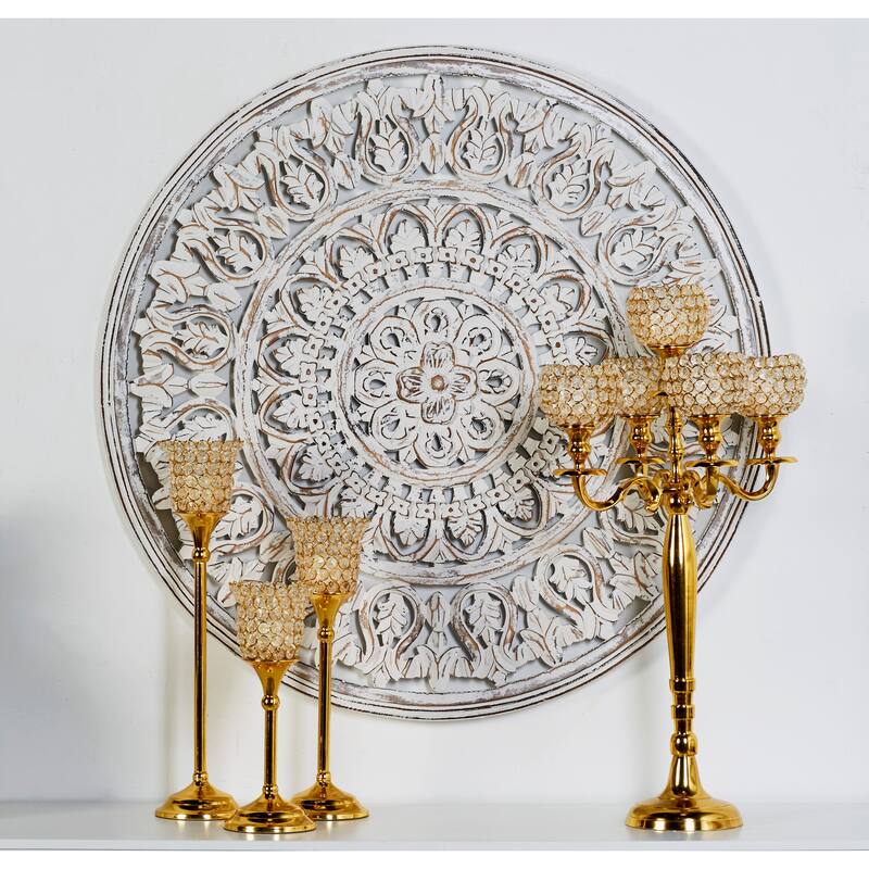 White Wood Handmade Intricately Carved Round Mandala Floral Home Wall Decor