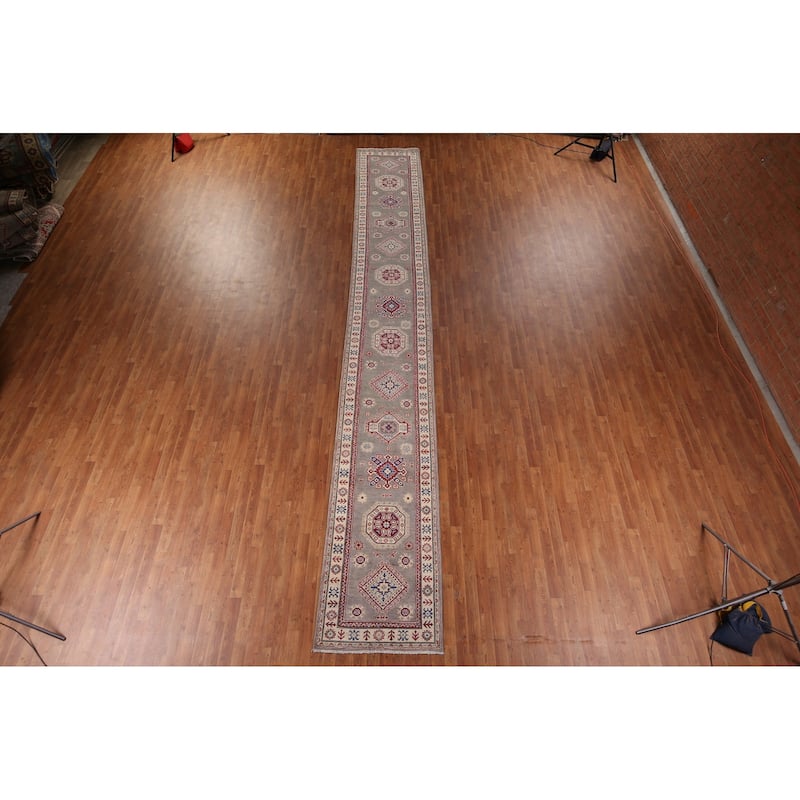Gray Kazak Oriental Runner Rug Hand-Knotted Wool Carpet - 2'9" x 19'8"