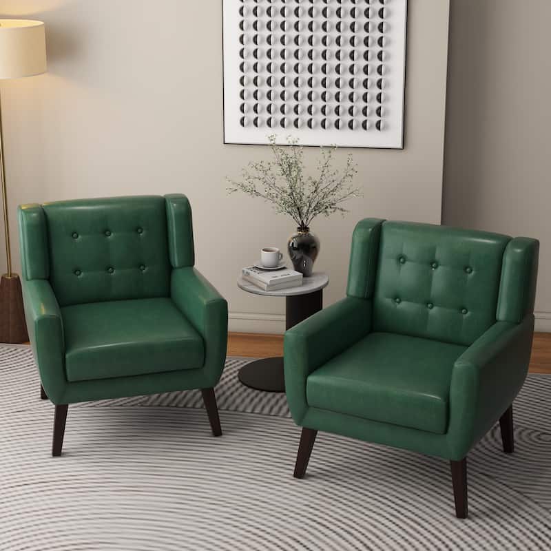 Modern Upholstered Faux Leather Tufted Armchair Linen Accent Chairs - Set of 2 Chairs - Green/PU Leather