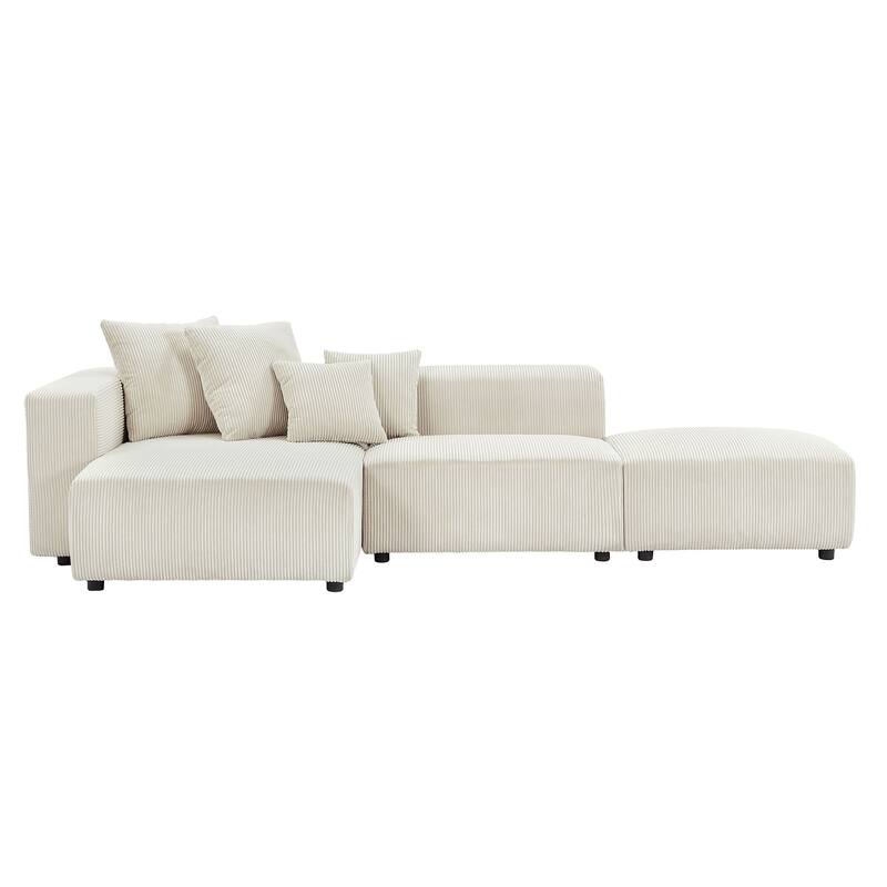 Modular Soft Corduroy Sectional Sofa Set with Small L-Shaped Chaise and Ottoman & Throw Pillows