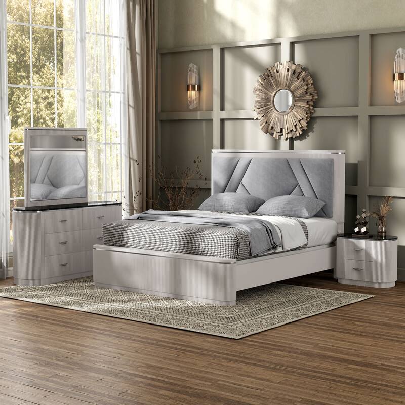 Furniture of America Leander Modern 4-Piece Light Grey Panel Bedroom Set - Queen