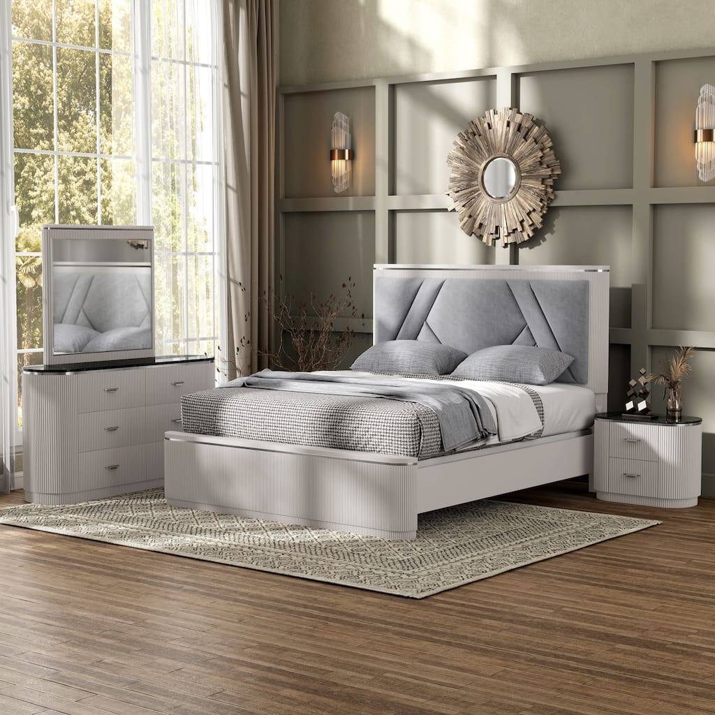 Furniture of America Leander Modern 4-Piece Light Grey Panel Bedroom Set