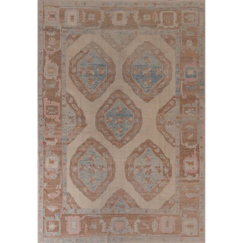 Hand Knotted Oriental 100% Wool Carpet Transitional Geometric Beige & Ivories Oushak Area Rug - 11' 10'' X 8' 6''