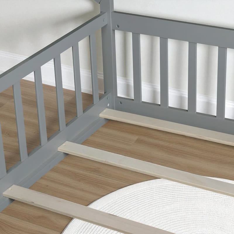 Twin Tent-Shaped Floor Bed with Guardrails, Low Platform Teepee Bed Frame with Slats, Solid Wood Design
