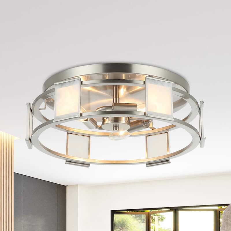 15" Modern Satin Nickel Round Glass Flush Mount Ceiling Light - Satin Nickel