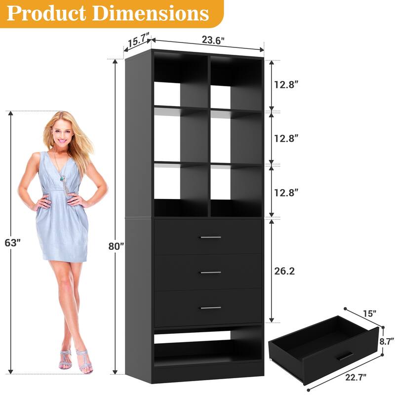 Qvella 23.6'' W Closet System with 3 Wooden Drawers and Partition Storage,Modular Closet Organizer for Walk-in/Reach-in Closet