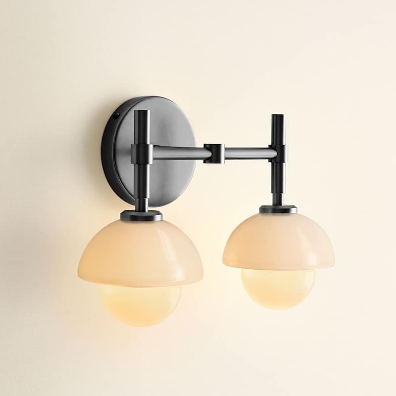 Modern Pod Double Armed Sconce Metal, Glass & Matte Black, Ivory White 2-Light Sconce for Bathroom or Bedroom in Modern Style