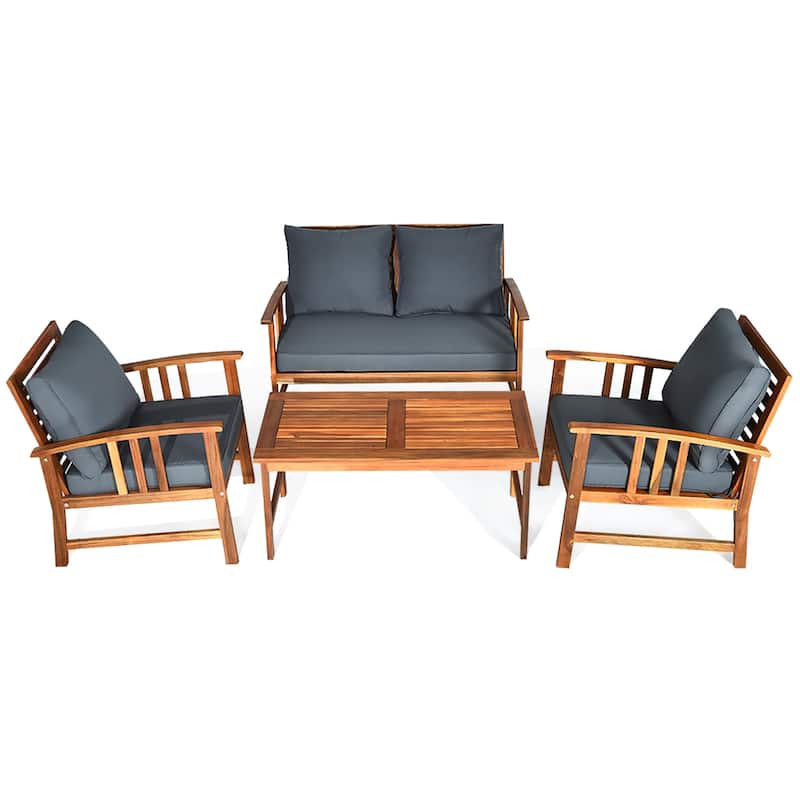 4 PCS Wooden Patio Furniture Set Outdoor Seating Chat Set - Grey