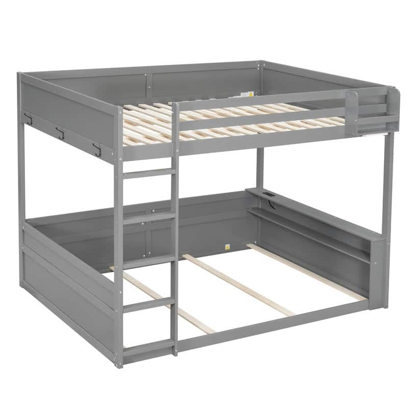Queen Size Wooden Bunk Bed with Built-in Shelves,LED Light and USB Charging Station