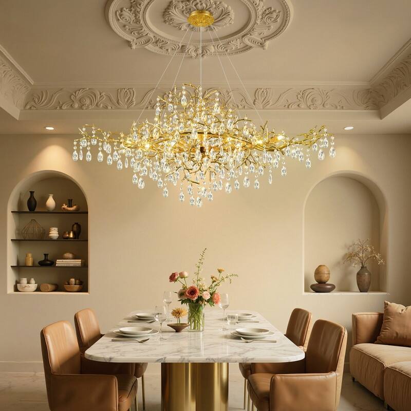 47 in. Raindrop Chandeliers, 12-Light Luxury Crystal Silver Tree Branch Chandelier for Dining Room, Kitchen Island,