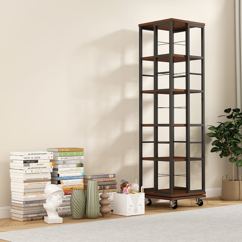 Anmytek 360 Rotating Corner Bookshelf with Wheels Space Saving Storage for Small Rooms