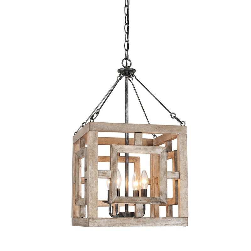 Modern Farmhouse 4-Light Pendant Wood Rustic Square Island Lights - W 13.5" x D 13.5" x H 26"