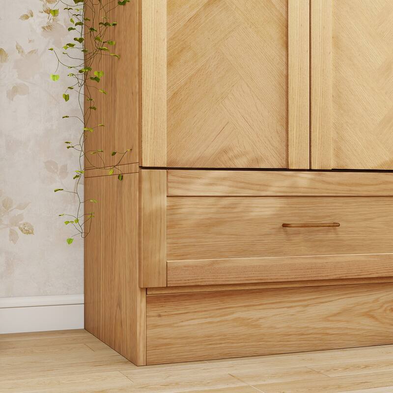 100% Solid Wood Armoire Wardrobe Closet with 2 Door, 70.87"H Bedroom Armoire Closet with Drawer and Hanging Rod, Wood Finish