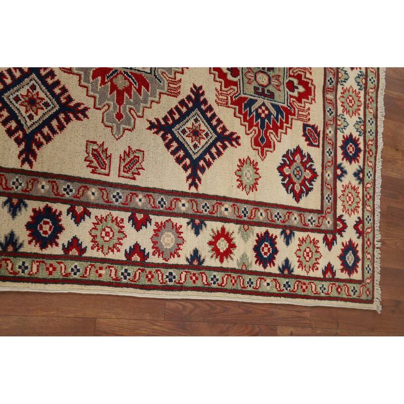 Geometric Ivory Kazak Oriental Accent Rug Handmade Wool Carpet - 3'5" x 4'11"