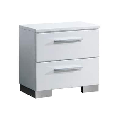 2 Drawers Wooden Nightstand, Glossy White