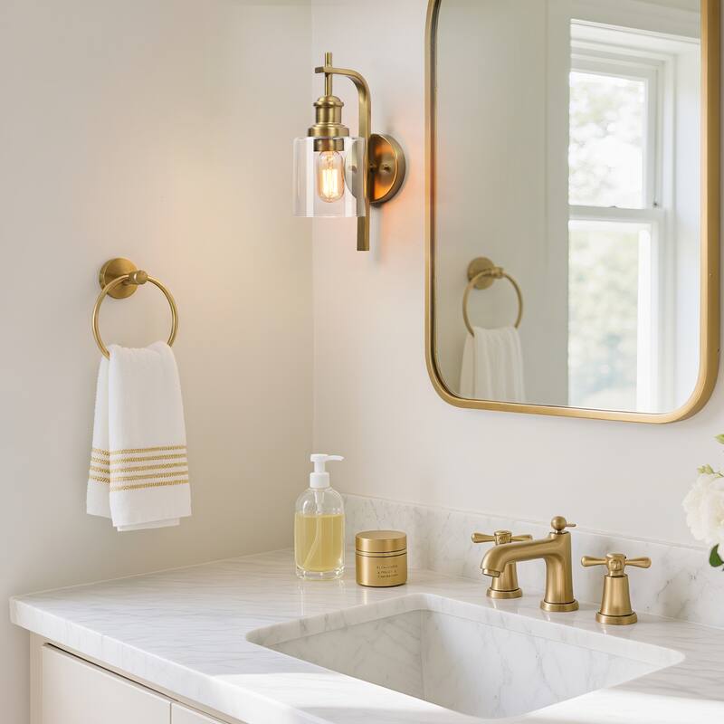 Oriva Modern 1-Light Gold Wall Sconce Cylinder Clear Glass Bathroom Vanity Light