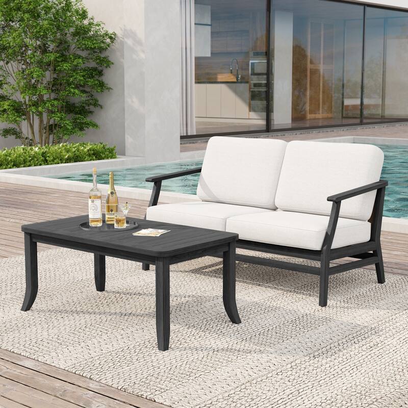 Teak Wood Patio Outdoor Loveseat Sofa and Coffee Table Set