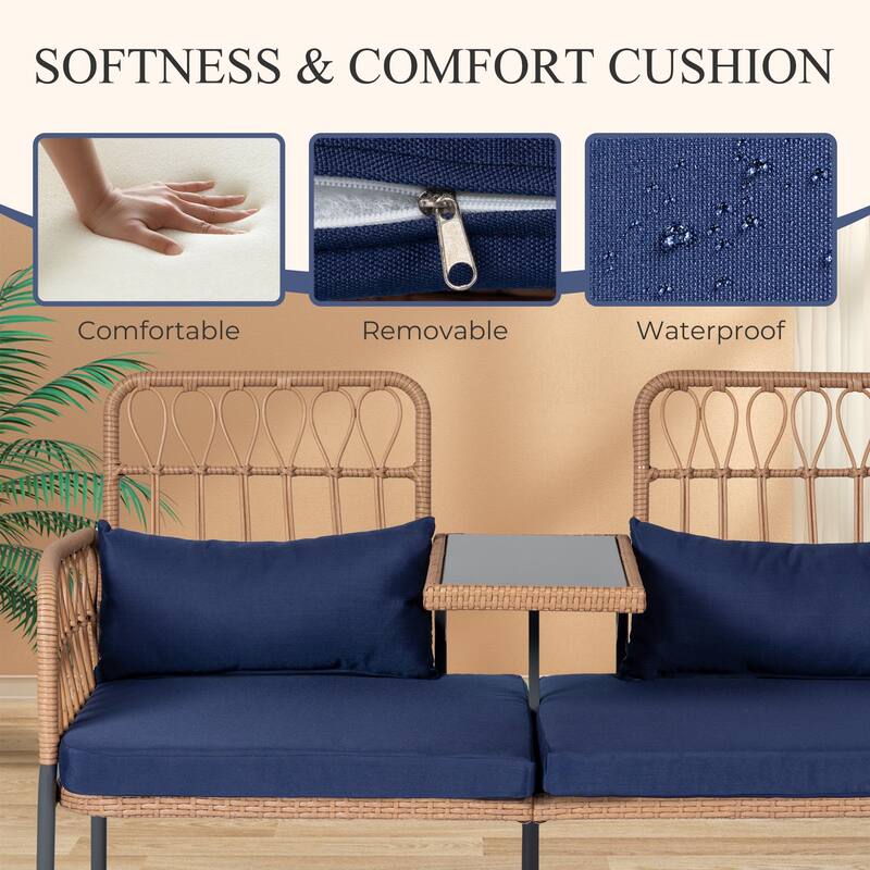 Outdoor Woven Rattan Loveseat Conversation Furniture Set with Cushions