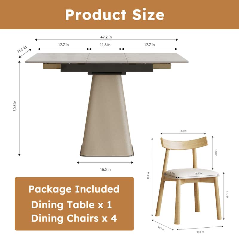 Retractable Rock Slab Dining Table Set, Modern 5-Piece Expandable Table with 4 Wooden Leg Chairs & Leather-Wrapped Base