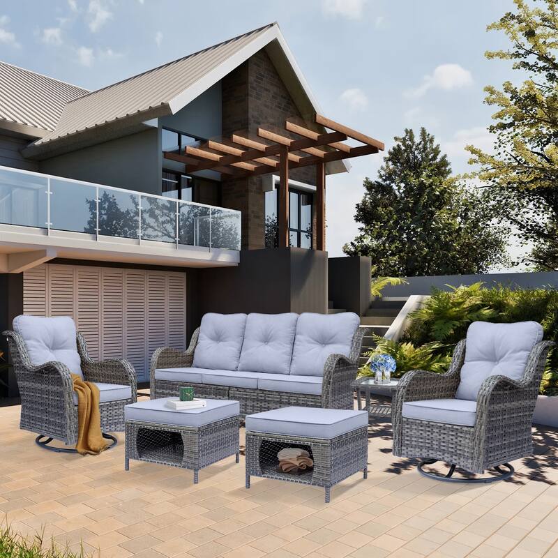 6 Piece Outdoor Wicker Patio Conversation Sofa Sets with Swivel Chairs - Grey-Gray Rattan