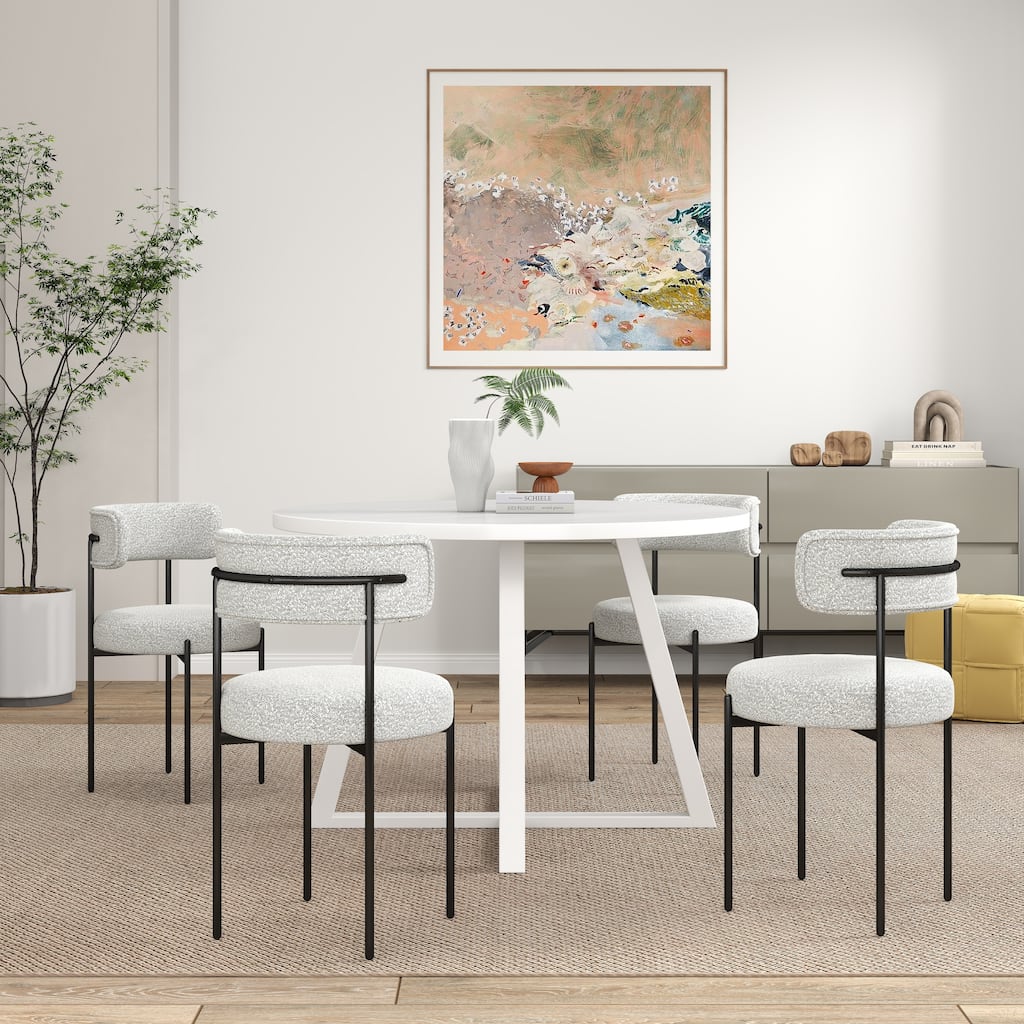 5-Piece Round Dining Set with White Trestle Table & White Multi Upholstered Chairs, Breakfast Nook for Living Room