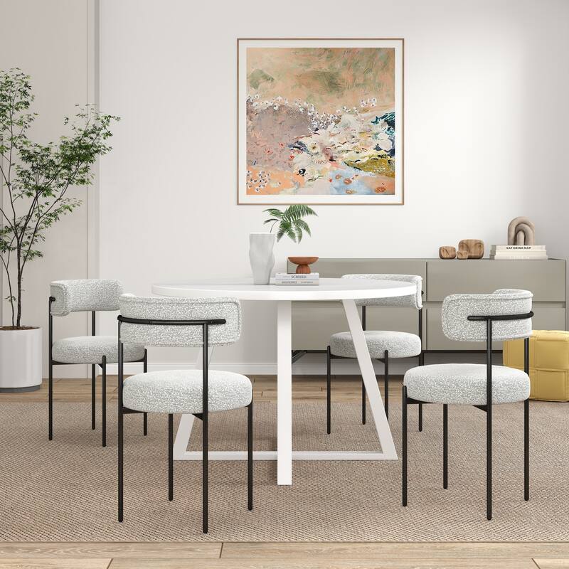 Durban 5-Piece Round Dining Set, Trestle Dining Table with 4 Boucle Chairs for Breakfast Nook, Kitchen, Living Room
