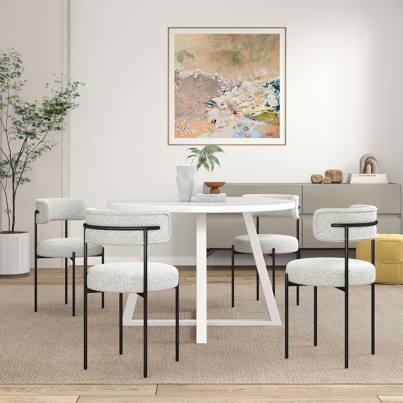 Roundhill Durban 5-Piece Round Dining Set, Trestle Dining Table with 4 Boucle Chairs - Black/White