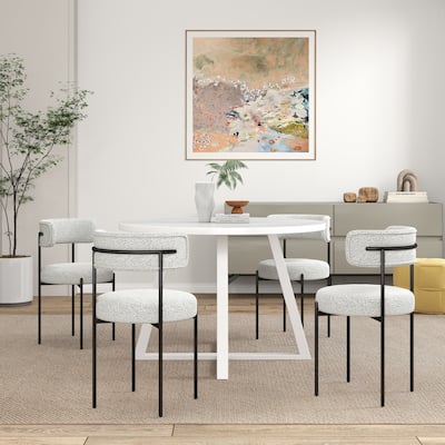 Roundhill Durban 5-Piece Round Dining Set, Trestle Dining Table with 4 Boucle Chairs