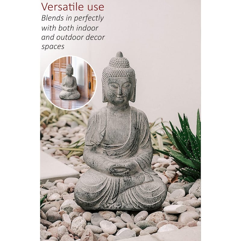 XBrand Indoor Outdoor Polyresin Meditating Sitting Buddha Zen Statue, 23.6 Inch Tall, Grey
