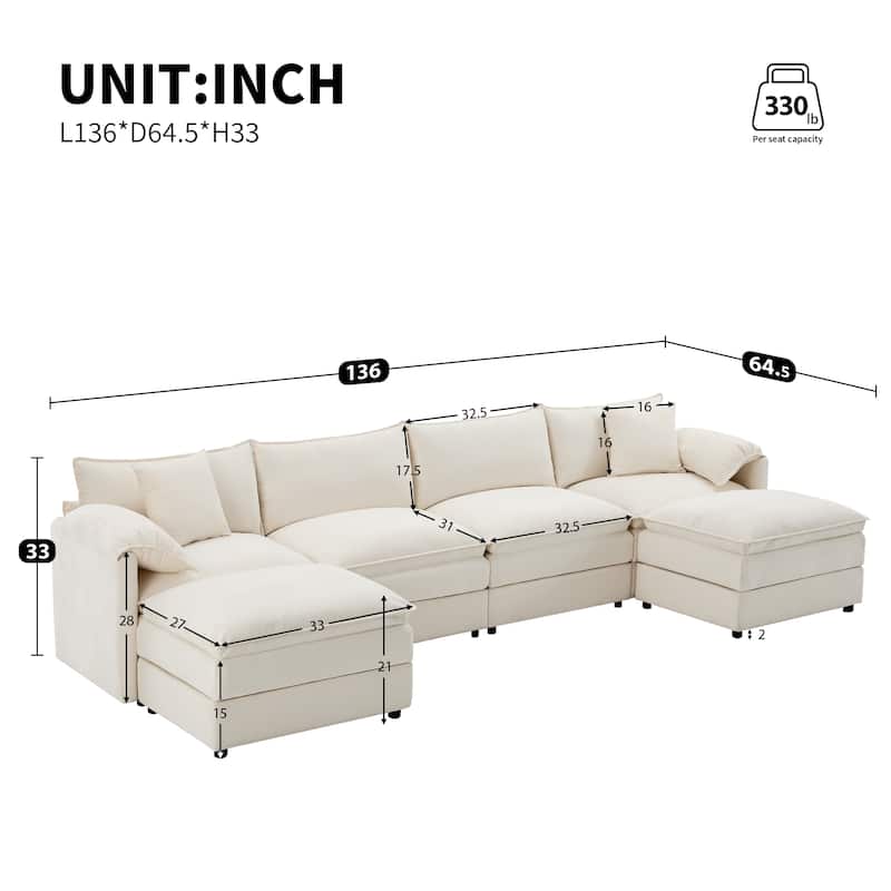 136" U-Shaped Chenille Cloud Sectional Sofa with Dual Ottomans