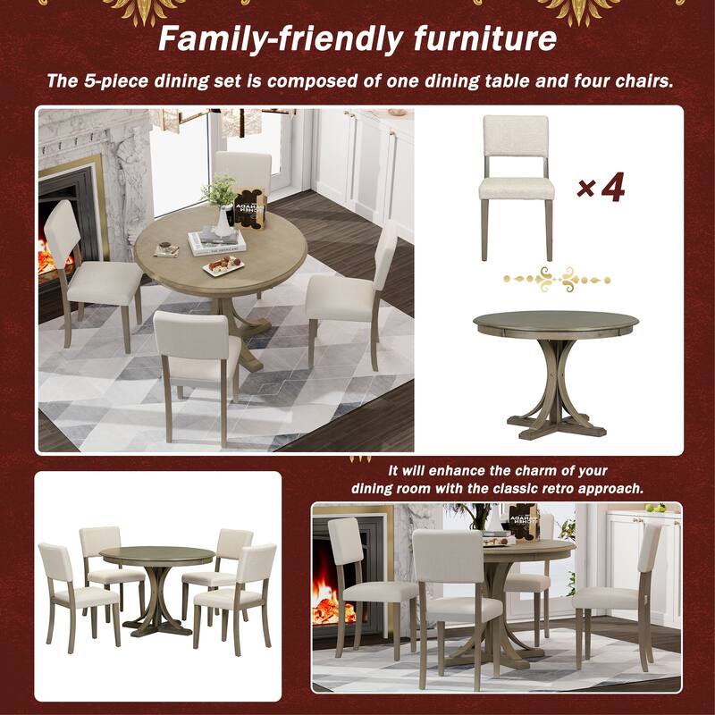 Retro 5-Piece Wooden Dining Table Set with Curved Trestle Table & 4 Chairs