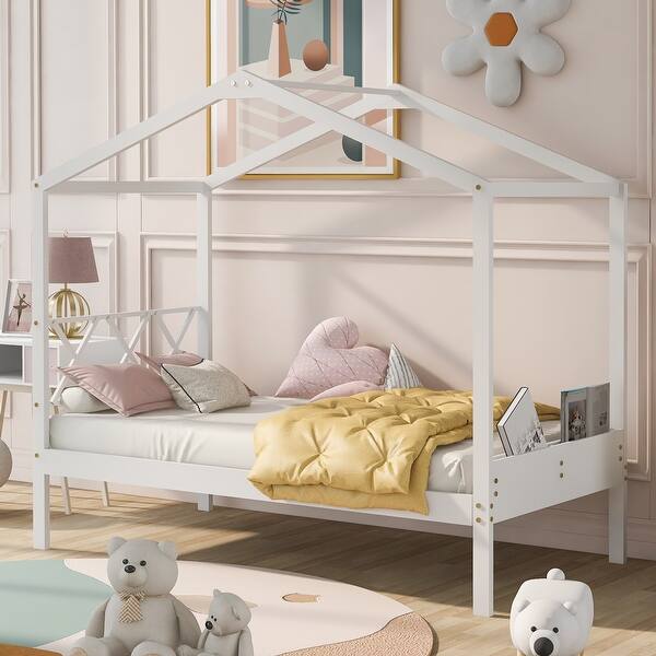 slide 2 of 12, White Twin Size Wood House Bed with Storage Space and Roof Twin - White