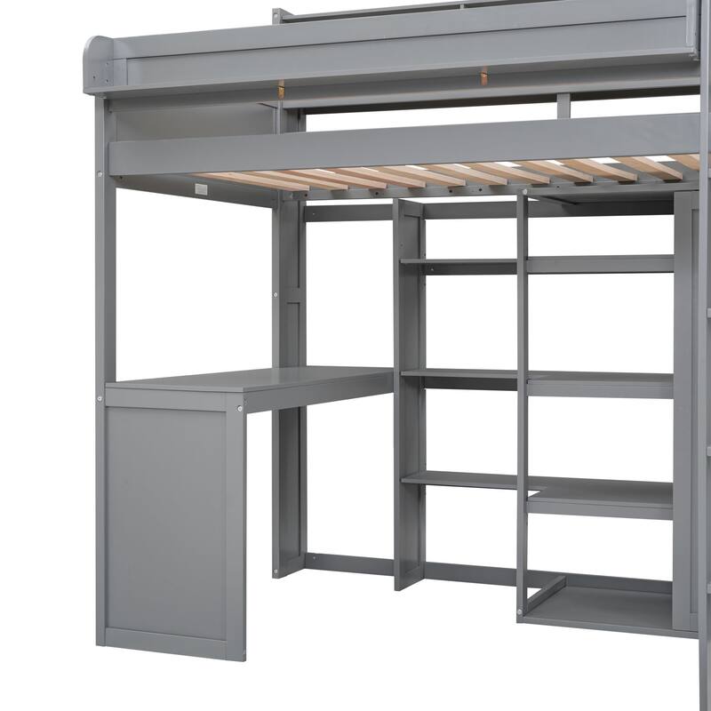 Twin Loft Bed w/ 17.7''x 48.5'' Built-in Desk, Wardrobe, Bookshelves