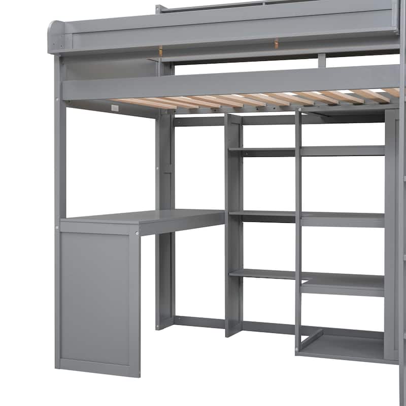 Twin Size Loft Bed with Storage Shelves, Wardrobe, and Built-in Desk, Gray