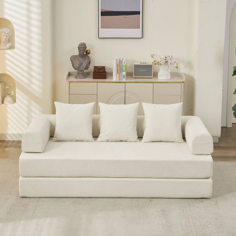 3-Tier Design Convertible Chenille Sofa Bed, Folding Sleeper Floor Sofa with Pillows, No-Assembly Modular Sofa Couch