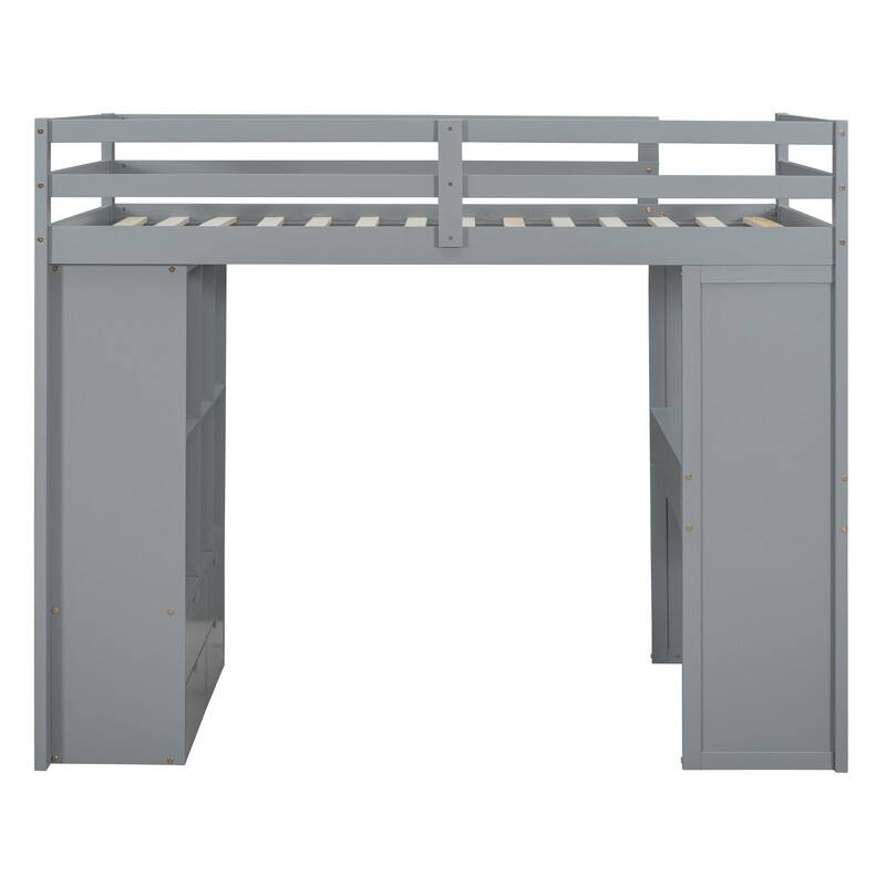 Full Size Solid Wood Loft Bed with Desk,Shelves,and LED Light