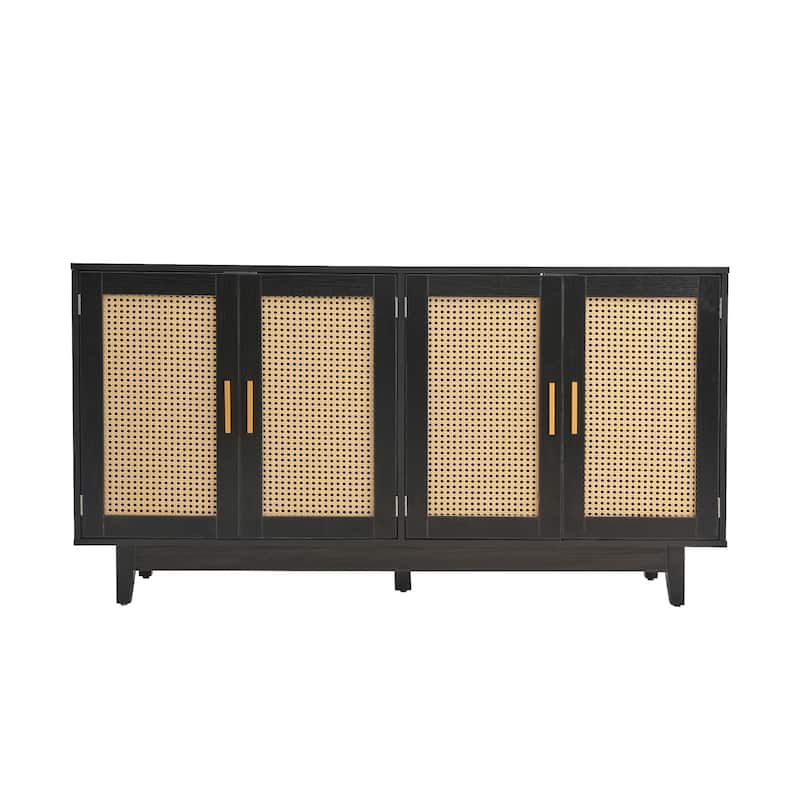 Modern 4 Door Wood Rattan Buffet Sideboard Storage Cabinet
