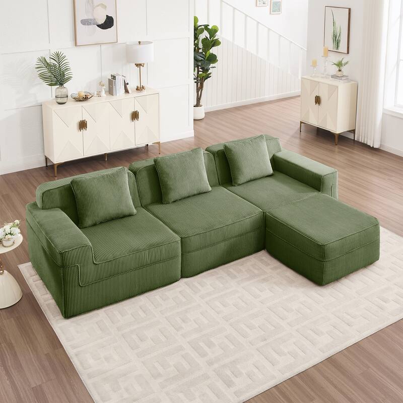 GDFStudio - Corduroy Modular 3-Seater 117.3" L-Shaped Boneless Cloud Sofa - Green
