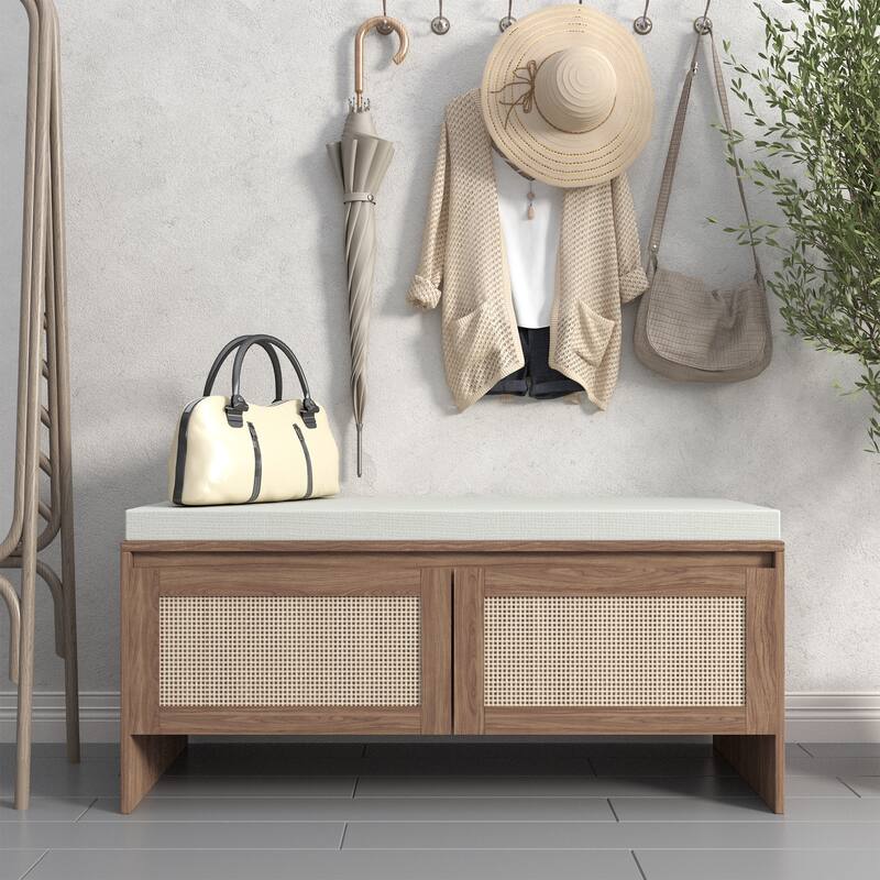 PP Rattan Storage Bench with Cushion, Faux Rattan Shoe Cabinet with 2 Doors, Mid-Century Modern Wood Entryway Seat - Antique Natural,Rattan
