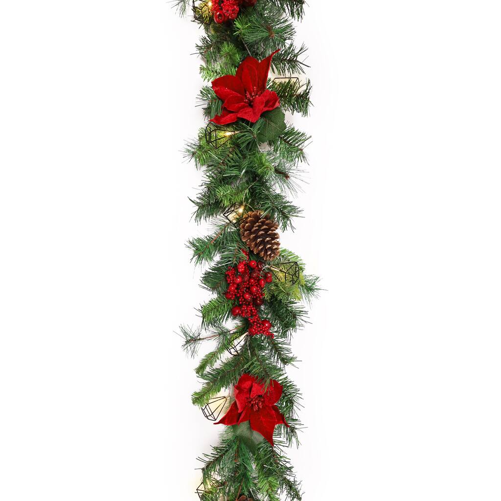 6ft Artificial Mixed Velvet Poinsettia Berry Pine Cone & Pine Christmas Garland with Geometric Pyramid String Light Set