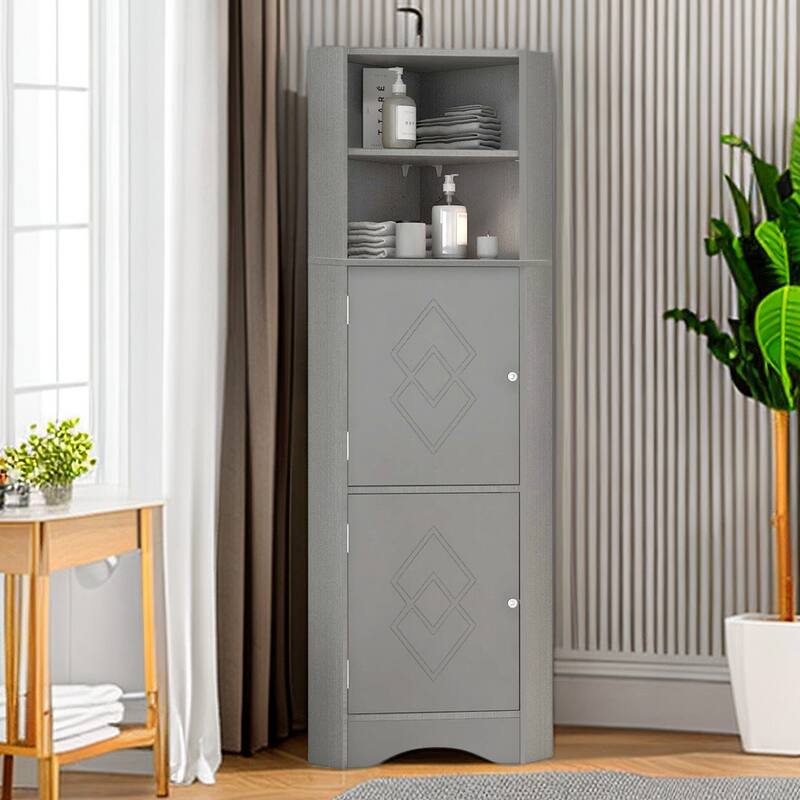 61" H Bathroom Cabinet, Freestanding Floor Storage Cabinet with Open Shelf & Doors