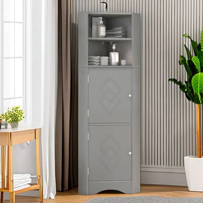 61" H Bathroom Cabinet, Freestanding Floor Storage Cabinet with Open Shelf & Doors