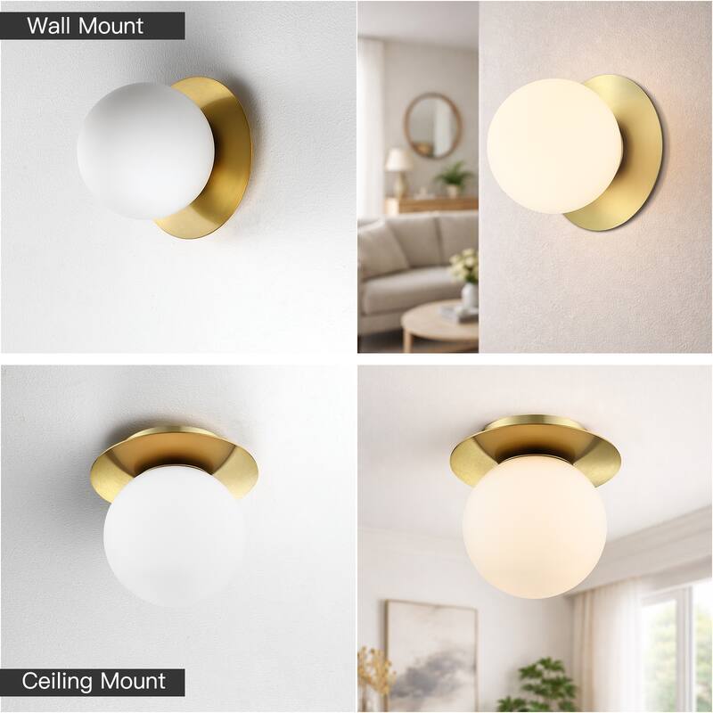 1-Light Brass Wall Sconce with White Glass Shade - 7 in.