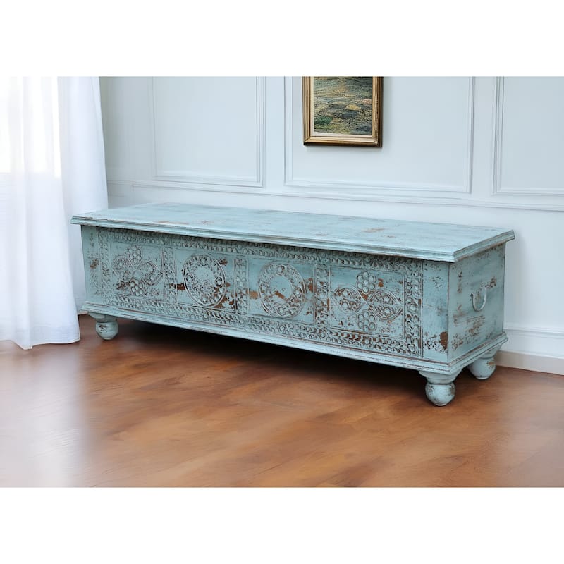 HomeRoots 54" Aqua Carved And Distressed Solid Wood Lift Top Coffee Table - 54 in. x 16 in. x 18 in.