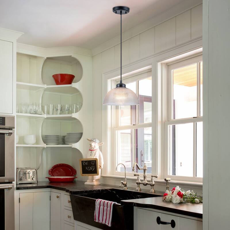 1-Light Matte Black Dome Pendant Textured Glass Kitchen Island Lights for Dining Room