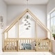 preview thumbnail 1 of 7, Full Size Wood House-Shaped Floor Bed with Fence and Guardrails, Natural Natural