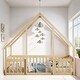 preview thumbnail 2 of 7, Kids Furniture Full Size Wood House-Shaped Floor Bed Kids Bed with Fence and Guardrails, Natural