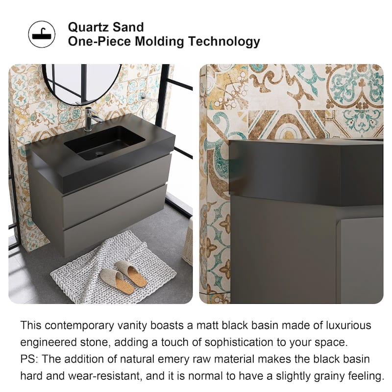 Floating Bathroom Vanity with Black Solid Surface Top