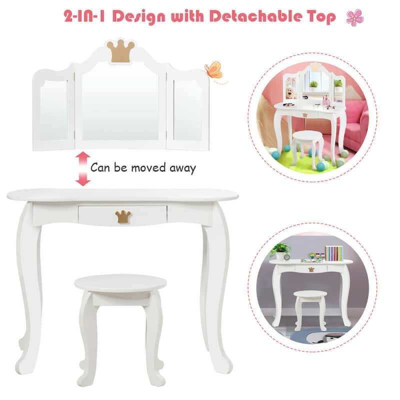 Gymax Kids Makeup Dressing Table Chair Set Princess Vanity & - See Details