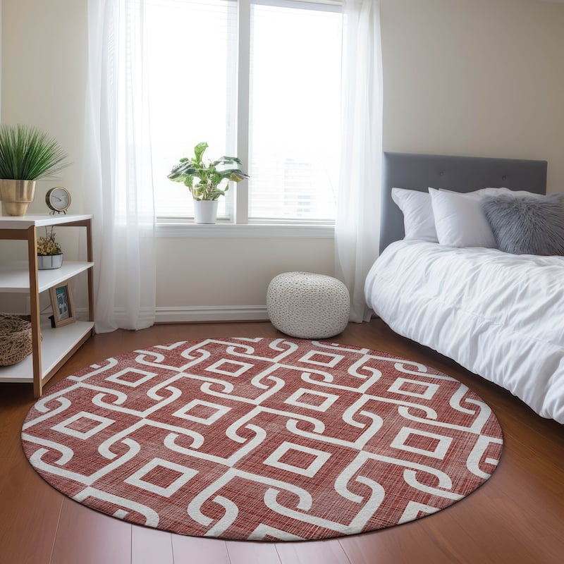 Machine Washable Indoor/ Outdoor Chantille Trellis Scroll Rug - Burgundy - 8' x 8'